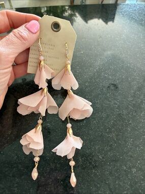 Anthropologie Blush Pink Tiered Chiffon Floral Drop Earrings with Gold Accents